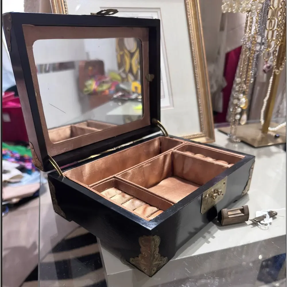 Vintage Black Asian Style Jewelry Box with Mirror Ring Rolls and Brass Hardware